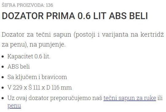 DOZATOR PRIMA 0.6L V229XS111X116MM