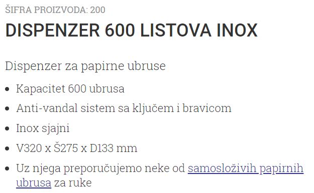 DISPENZER 600 LISTOVA INOX 200 UNIONCLEAN